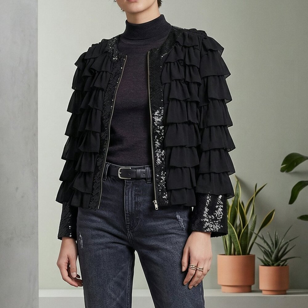 French Connection Black Ruffle Sequin Zip Front Jacket Size 2